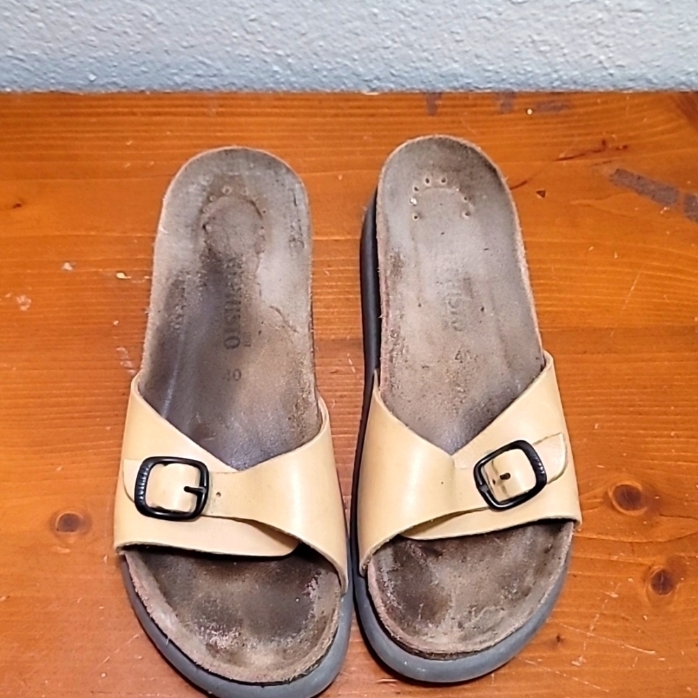 Mephisto Helen Cork Footbed Slide Sandals Womens 40 Tan Leather Buckle Strap